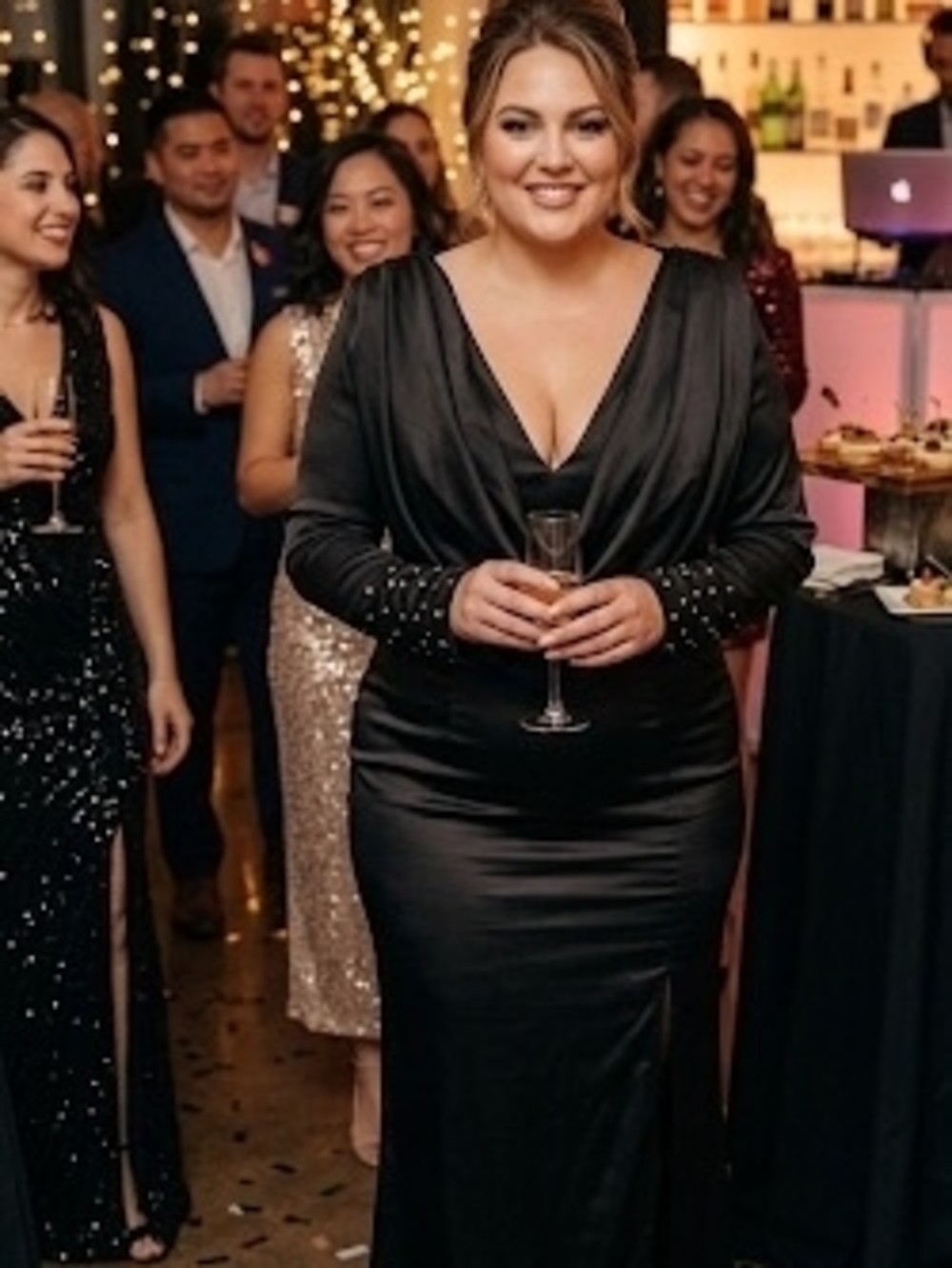 Shein belle curve Rhinestone Detail cowl  neck satin gown size 2XL black new